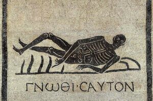 Greek motto gnōthi sauton (know thyself). Mosaic from the convent of San Gregorio, Via Appia, Rome.