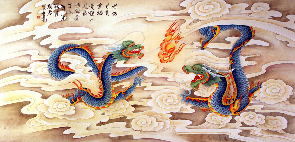 Dragons Play with a Pearl of Lightning, painting on xuan paper by Li Yu-Jun