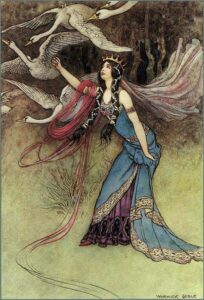 Illustration for “The Six Swans” by Warwick Goble (1913) for the Hero blog post.